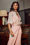 Babita Malkani_Peach Italian Crepe Stand Collar Tie Dye Top And Pant Set _Online_at_Aza_Fashions