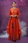 Label Niti Bothra_Orange Kora Silk Mughal Round Applique Anarkali With Dupatta _Online_at_Aza_Fashions
