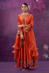 Shop_Label Niti Bothra_Orange Kora Silk Mughal Round Applique Anarkali With Dupatta _Online_at_Aza_Fashions