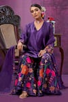 Label Niti Bothra_Purple Kora Silk Applique Mughal Round Kurta Sharara Set _at_Aza_Fashions