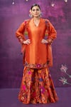 Label Niti Bothra_Orange Kora Silk Applique Mughal Round Floral Kurta Sharara Set _Online_at_Aza_Fashions