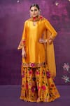 Label Niti Bothra_Yellow Kora Silk Applique Mughal Round Floral Kurta Sharara Set _Online_at_Aza_Fashions