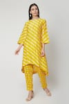 Buy_Ruchira Nangalia_Yellow Chanderi Boat Leheriya Bandhej Kurta And Pant Set  _at_Aza_Fashions