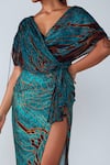 Saaksha & Kinni_Blue Satin Printed Abstract Wing V Neck Saree Dress _Online_at_Aza_Fashions