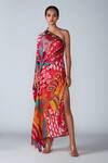 Buy_Saaksha & Kinni_Pink Satin Abstract Bird Print Asymmetric Kaftan Dress_at_Aza_Fashions