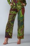 Saaksha & Kinni_Green Satin Abstract Bird Print Trouser_Online_at_Aza_Fashions