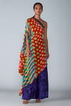 Buy_Saaksha & Kinni_Multi Color Satin Printed Leheriya One Shoulder Kaftan _at_Aza_Fashions