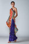 Saaksha & Kinni_Multi Color Satin Printed Leheriya One Shoulder Kaftan _Online_at_Aza_Fashions