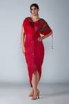 Buy_Saaksha & Kinni_Red Cotton Silk Print Abstract V Neck Saree Dress_at_Aza_Fashions