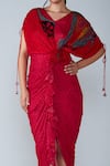 Saaksha & Kinni_Red Cotton Silk Print Abstract V Neck Saree Dress_Online_at_Aza_Fashions