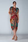Buy_Saaksha & Kinni_Brown Cotton Silk Abstract Bird Round Saree Dress For Women_at_Aza_Fashions