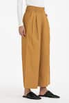 THREE_Yellow Cotton Poplin Pleated Trouser _Online_at_Aza_Fashions