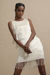 Dash and Dot_White 100% Viscose Embellished Fringe Round Layered Dress _at_Aza_Fashions