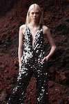 Dash And Dot_Grey Shell 100% Nylon/ Lining 100% Polyester Sequin Deep Embellished Jumpsuit_at_Aza_Fashions