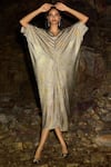 Dash and Dot_Beige 96% Polyester Foil V Neck Kaftan Dress  _Online_at_Aza_Fashions