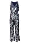 Dash And Dot_Grey Shell 100% Nylon/ Lining 100% Polyester Sequin Deep Embellished Jumpsuit_Online_at_Aza_Fashions