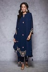 Ajiesh Oberoi_Blue Georgette, Rayon Round Embroidered Kurta Set _Online_at_Aza_Fashions