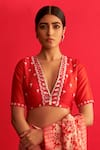 Buy_SAKSHAM & NEHARICKA_Red Handwoven Chanderi V Neck Blouse _at_Aza_Fashions