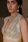 Buy_Saksham & Neharicka_Yellow Handwoven Chanderi V Neck Embroidered Blouse _at_Aza_Fashions