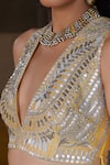 Saksham & Neharicka_Yellow Handwoven Chanderi V Neck Embroidered Blouse _Online_at_Aza_Fashions