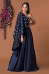 Shop_Mehak Murpana_Blue Milano Satin Embroidery One Shoulder Cape Blouse And Lehenga Set _at_Aza_Fashions