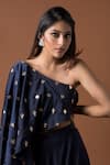 Mehak Murpana_Blue Milano Satin Embroidery One Shoulder Cape Blouse And Lehenga Set _Online_at_Aza_Fashions