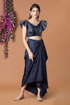 Buy_Mehak Murpana_Blue Milano Satin Embroidery V Neck Top And Dhoti Skirt Set _at_Aza_Fashions