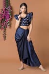 Buy_Mehak Murpana_Blue Milano Satin Embroidery V Neck Top And Dhoti Skirt Set _at_Aza_Fashions