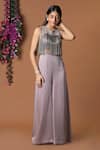 Buy_Mehak Murpana_Purple Milano Satin Embroidery Round Flared Jumpsuit _at_Aza_Fashions