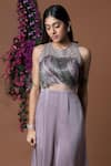 Mehak Murpana_Purple Milano Satin Embroidery Round Flared Jumpsuit _Online_at_Aza_Fashions