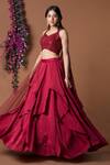 Buy_Mehak Murpana_Red Milano Satin Halter Layered Lehenga Set_at_Aza_Fashions