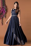 Buy_Mehak Murpana_Blue Milano Satin Embroidery Round Embellished Draped Gown_at_Aza_Fashions