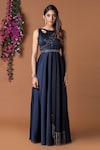 Shop_Mehak Murpana_Blue Milano Satin Embroidery Round Embellished Draped Gown_at_Aza_Fashions