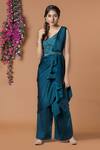 Buy_Mehak Murpana_Blue Milano Satin Embroidery V Neck Draped Pant Saree With Blouse _at_Aza_Fashions