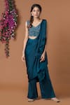 Shop_Mehak Murpana_Blue Milano Satin Embroidery V Neck Draped Pant Saree With Blouse _at_Aza_Fashions