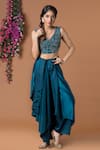 Buy_Mehak Murpana_Blue Milano Satin Embroidery V Neck Top And Dhoti Pant Set _at_Aza_Fashions