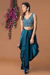 Shop_Mehak Murpana_Blue Milano Satin Embroidery V Neck Top And Dhoti Pant Set _at_Aza_Fashions