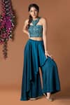 Buy_Mehak Murpana_Blue Milano Satin Embroidery Round Top And Draped Pant Set _at_Aza_Fashions