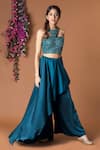 Shop_Mehak Murpana_Blue Milano Satin Embroidery Round Top And Draped Pant Set _at_Aza_Fashions