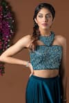 Mehak Murpana_Blue Milano Satin Embroidery Round Top And Draped Pant Set _Online_at_Aza_Fashions