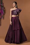 Shop_Mehak Murpana_Maroon Milano Satin Embroidery One Shoulder Blouse And Lehenga Set _at_Aza_Fashions