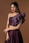 Mehak Murpana_Maroon Milano Satin Embroidery One Shoulder Blouse And Lehenga Set _Online_at_Aza_Fashions