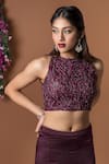 Mehak Murpana_Maroon Milano Satin Embroidery Round Crop Top And Skirt Set _Online_at_Aza_Fashions