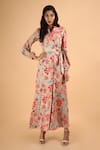 Buy_SAKSHAM & NEHARICKA_Beige Cotton Silk Lapel Printed Wrap Dress _at_Aza_Fashions