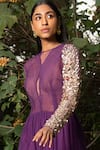 Shop_SAKSHAM & NEHARICKA_Purple Net Embroidery Sequin Round Cocktail Gown _Online_at_Aza_Fashions