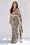 Buy_PUNIT BALANA_Black Satin Silk V Neck Striped Saree With Blouse_at_Aza_Fashions