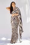 PUNIT BALANA_Black Satin Silk V Neck Striped Saree With Blouse_Online_at_Aza_Fashions