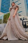 Buy_Masumi Mewawalla_Brown Organza Trapeze Gown With Ruffle Jacket  _at_Aza_Fashions