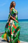 Buy_Mandira Wirk Resort_Green Crinkled Chiffon Slip Lycra Net Floral Print Kaftan _at_Aza_Fashions