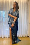 Buy_Nikita Mhaisalkar_Blue Organic Cotton Satin V Neck Tile Print Kaftan With Bralette _at_Aza_Fashions